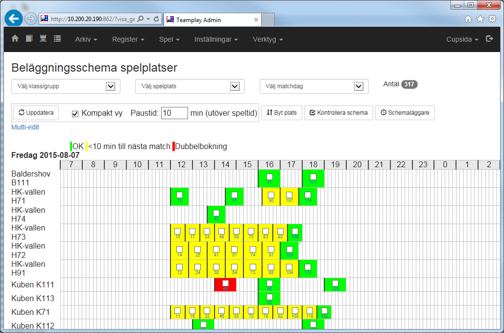 5. Då du utfört ett schemaläggningspass så vill du kolla hur det blev, grovt sett, och då klickar du på knappen Beläggningschema.