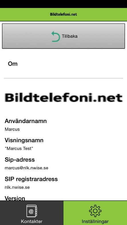 Här kan du se information om ditt användarnamn, SIP-adress, SIP registraradress och