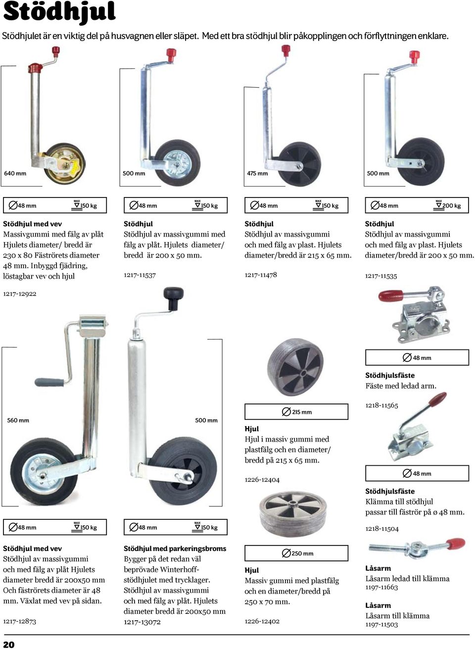 Inbyggd fjädring, löstagbar vev och hjul Stödhjul Stödhjul av massivgummi med fälg av plåt. Hjulets diameter/ bredd är 200 x 50 mm. 1217-11537 Stödhjul Stödhjul av massivgummi och med fälg av plast.