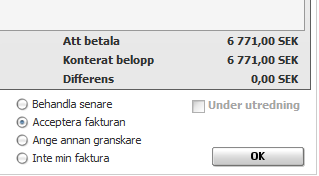 Beskrivning 16(21) Det kommer att finnas ett meddelande (röd bakgrund) uppe i högra hörnet av bilden som beskriver varför fakturan måste granskas.