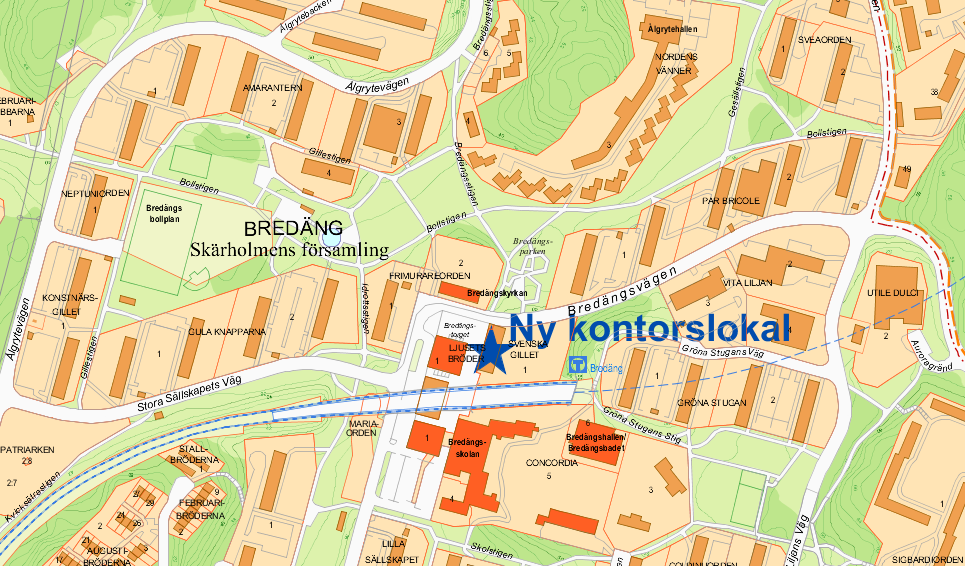 Sida 3 (6) landsting för Bredängs vårdcentral. Vårdcentralen har flyttat till nya lokaler inom samma byggnad. Karta: Bredäng centrum med markering för den nya lokalens placering.