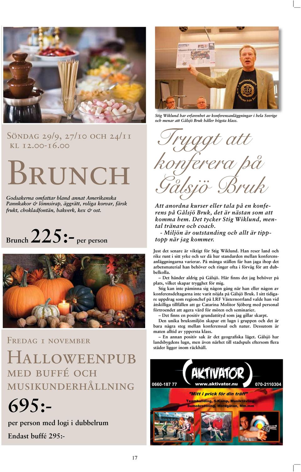 Brunch 225:- per person Fredag 1 november Halloweenpub med buffé och musikunderhållning Tryggt att konferera på Gålsjö Bruk Att anordna kurser eller tala på en konferens på Gålsjö Bruk, det är nästan