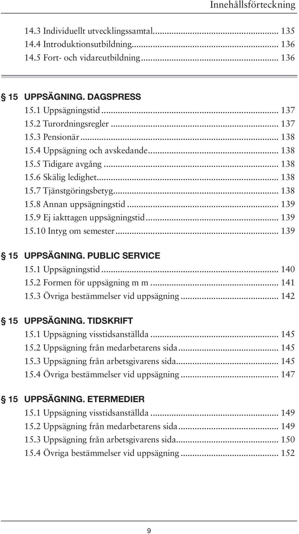 .. 139 15.9 Ej iakttagen uppsägningstid... 139 15.10 Intyg om semester... 139 15 UPPSÄGNING. PUBLIC SERVICE 15.1 Uppsägningstid... 140 15.2 Formen för uppsägning m m... 141 15.