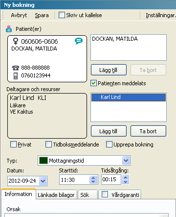 Boka in ett besök i tidboken Från Mitt arbete Gå till Mitt arbete och klicka på fliken Tidbok. Bläddra i tidboken med [Alt]+Pil höger eller vänster. Dubbelklicka på den tid du vill boka.