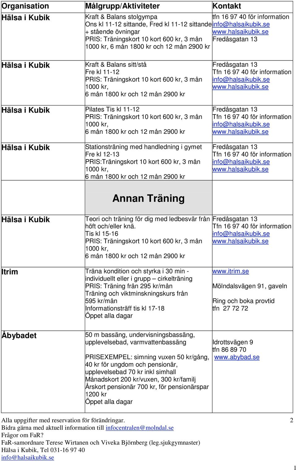 11-12 PRIS: Träningskort 10 kort 600 kr, 3 mån 1000 kr, 6 mån 1800 kr och 12 mån 2900 kr Fredåsgatan 13 Tfn 16 97 40 för information Stationsträning med handledning i gymet Fre kl 12-13