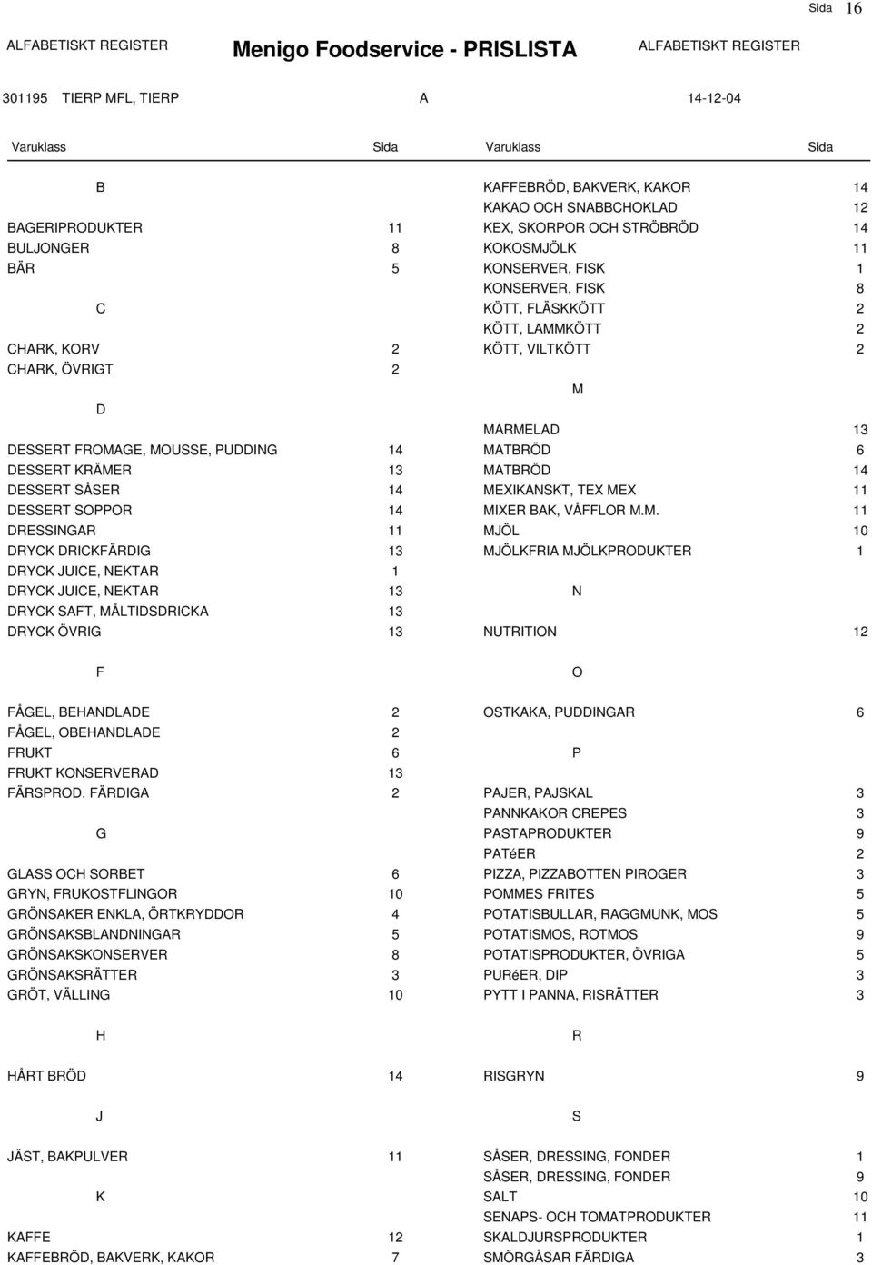 FROMAGE, MOUSSE, PUDDING 14 MATBRÖD 6 DESSERT KRÄMER 13 MATBRÖD 14 DESSERT SÅSER 14 MEXIKANSKT, TEX MEX 11 DESSERT SOPPOR 14 MIXER BAK, VÅFFLOR M.M. 11 DRESSINGAR 11 MJÖL 10 DRYCK DRICKFÄRDIG 13