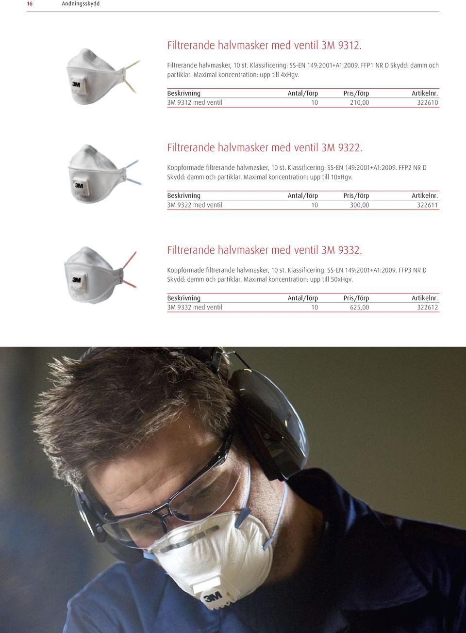 Klassificering: SS-EN 149:2001+A1:2009. FFP2 NR D Skydd: damm och partiklar. Maximal koncentration: upp till 10xHgv.