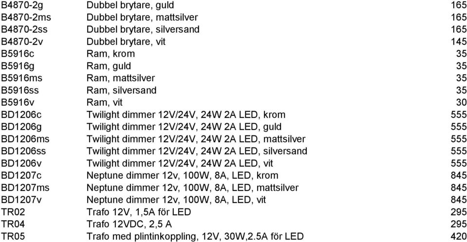 12V/24V, 24W 2A LED, mattsilver 555 BD1206ss Twilight dimmer 12V/24V, 24W 2A LED, silversand 555 BD1206v Twilight dimmer 12V/24V, 24W 2A LED, vit 555 BD1207c Neptune dimmer 12v, 100W, 8A, LED, krom