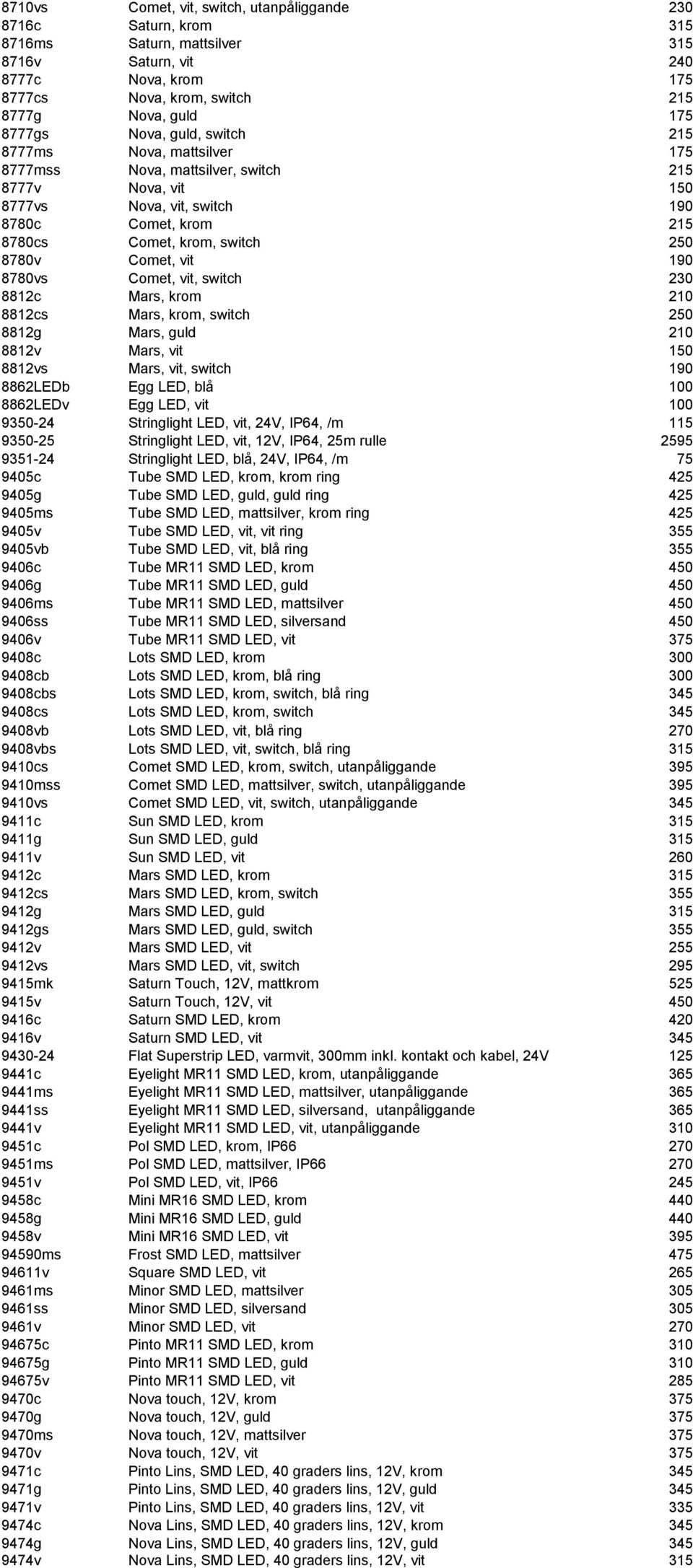 Comet, vit 190 8780vs Comet, vit, switch 230 8812c Mars, krom 210 8812cs Mars, krom, switch 250 8812g Mars, guld 210 8812v Mars, vit 150 8812vs Mars, vit, switch 190 8862LEDb Egg LED, blå 100