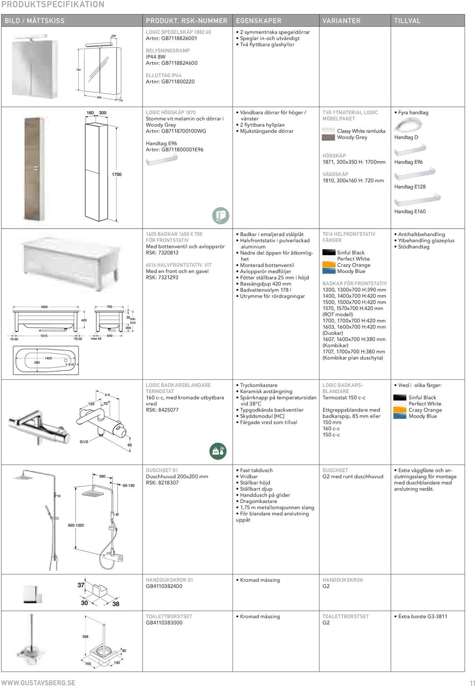 GB711800001E96 Vändbara dörrar för höger / vänster 2 flyttbara hyllplan Mjukstängande dörrar Två YTMATERIAL LOGIC möbelpaket Classy White ramlucka Woody Grey Högskåp 1871, 300x350 H: 1700mm Fyra