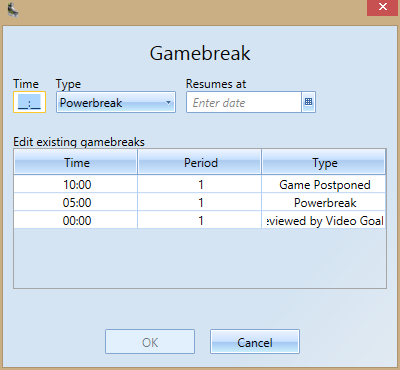 4 Gamebreak Gamebreaks ska användas om matchen är uppskjuten eller om något oförutsett avbrott påverkar matchen. Knappen Gamebreak kommer man alltid åt, även innan laguppställningar är sparade. 4.