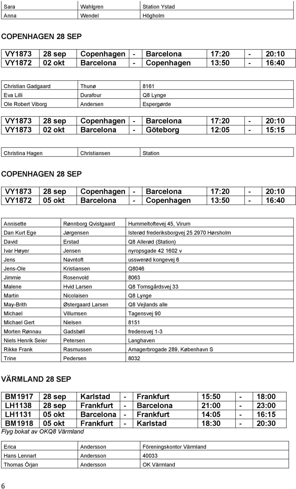 COPENHAGEN 28 SEP VY1873 28 sep Copenhagen - Barcelona 17:20-20:10 VY1872 05 okt Barcelona - Copenhagen 13:50-16:40 Annisette Rønnborg Qvistgaard Hummeltoftevej 45, Virum Dan Kurt Ege Jørgensen