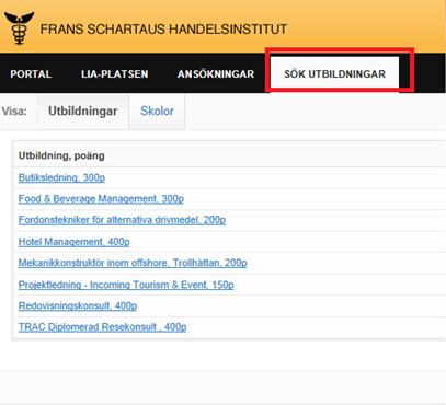 ATT SÖKA UTBILDNING Klicka på fliken Sök utbildningar och klicka sedan på den utbildningen du