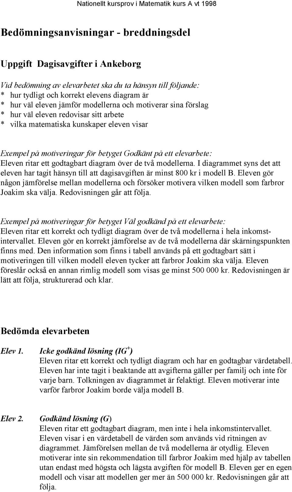 ritar ett godtagbart diagram över de två modellerna. I diagrammet syns det att eleven har tagit hänsyn till att dagisavgiften är minst 800 kr i modell B.