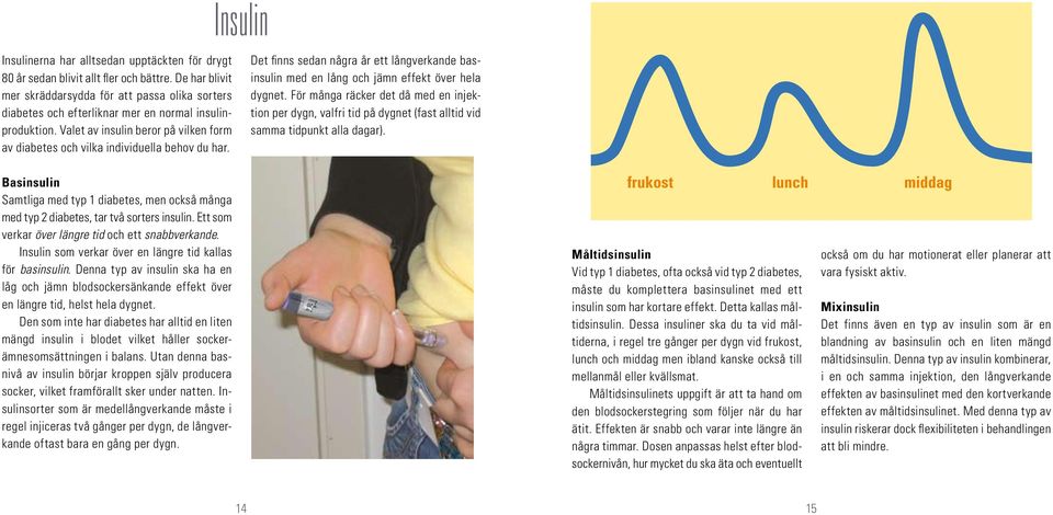 Valet av insulin beror på vilken form av diabetes och vilka individuella behov du har. Insulin Det finns sedan några år ett långverkande basinsulin med en lång och jämn effekt över hela dygnet.