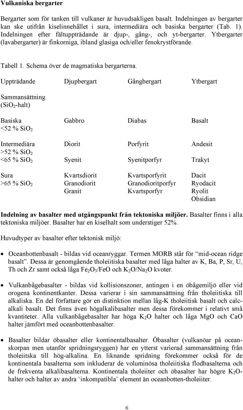 Schema över de magmatiska bergarterna.