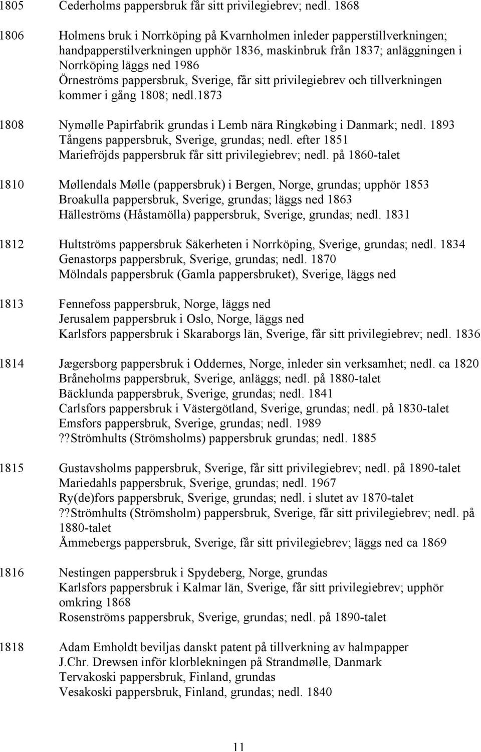 pappersbruk, Sverige, får sitt privilegiebrev och tillverkningen kommer i gång 1808; nedl.1873 1808 Nymølle Papirfabrik grundas i Lemb nära Ringkøbing i Danmark; nedl.