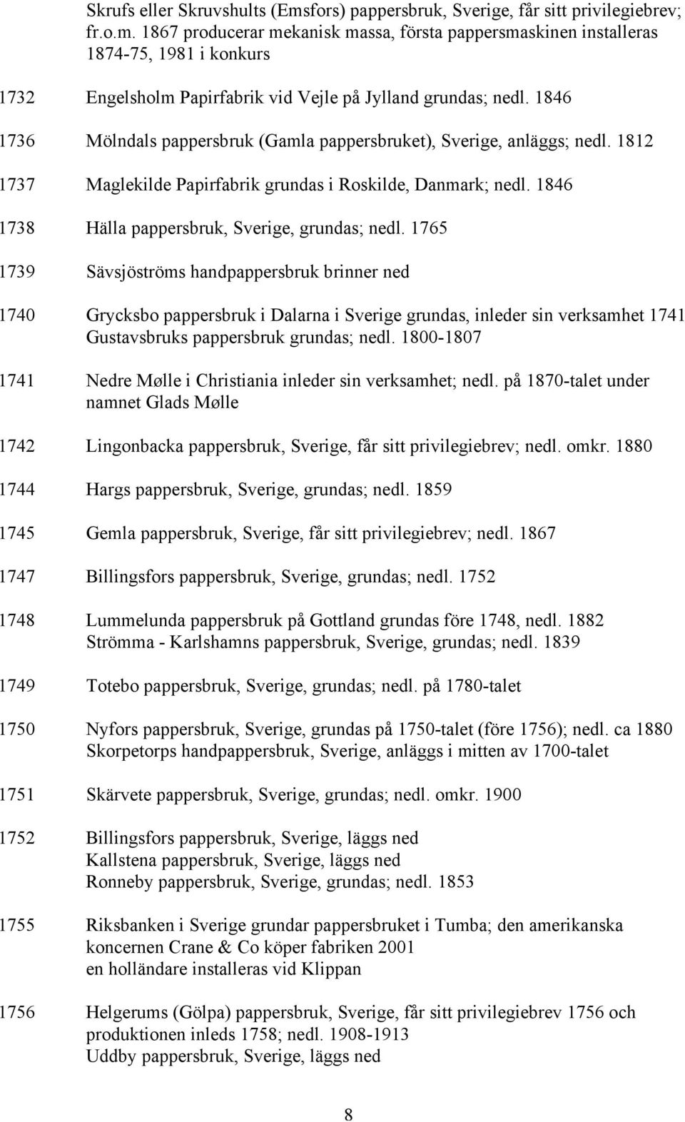 1765 1739 Sävsjöströms handpappersbruk brinner ned 1740 Grycksbo pappersbruk i Dalarna i Sverige grundas, inleder sin verksamhet 1741 Gustavsbruks pappersbruk grundas; nedl.