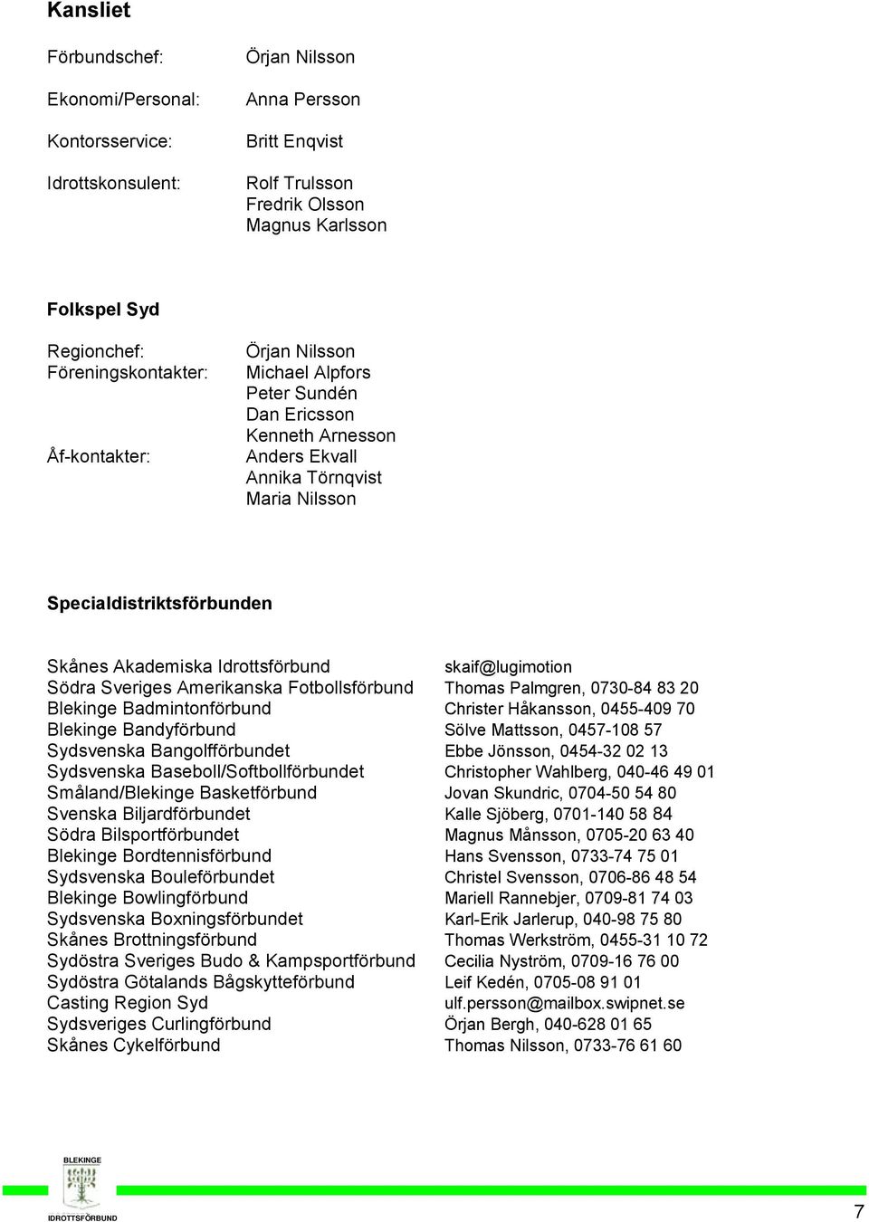 Idrottsförbund skaif@lugimotion Södra Sveriges Amerikanska Fotbollsförbund Thomas Palmgren, 0730-84 83 20 Blekinge Badmintonförbund Christer Håkansson, 0455-409 70 Blekinge Bandyförbund Sölve