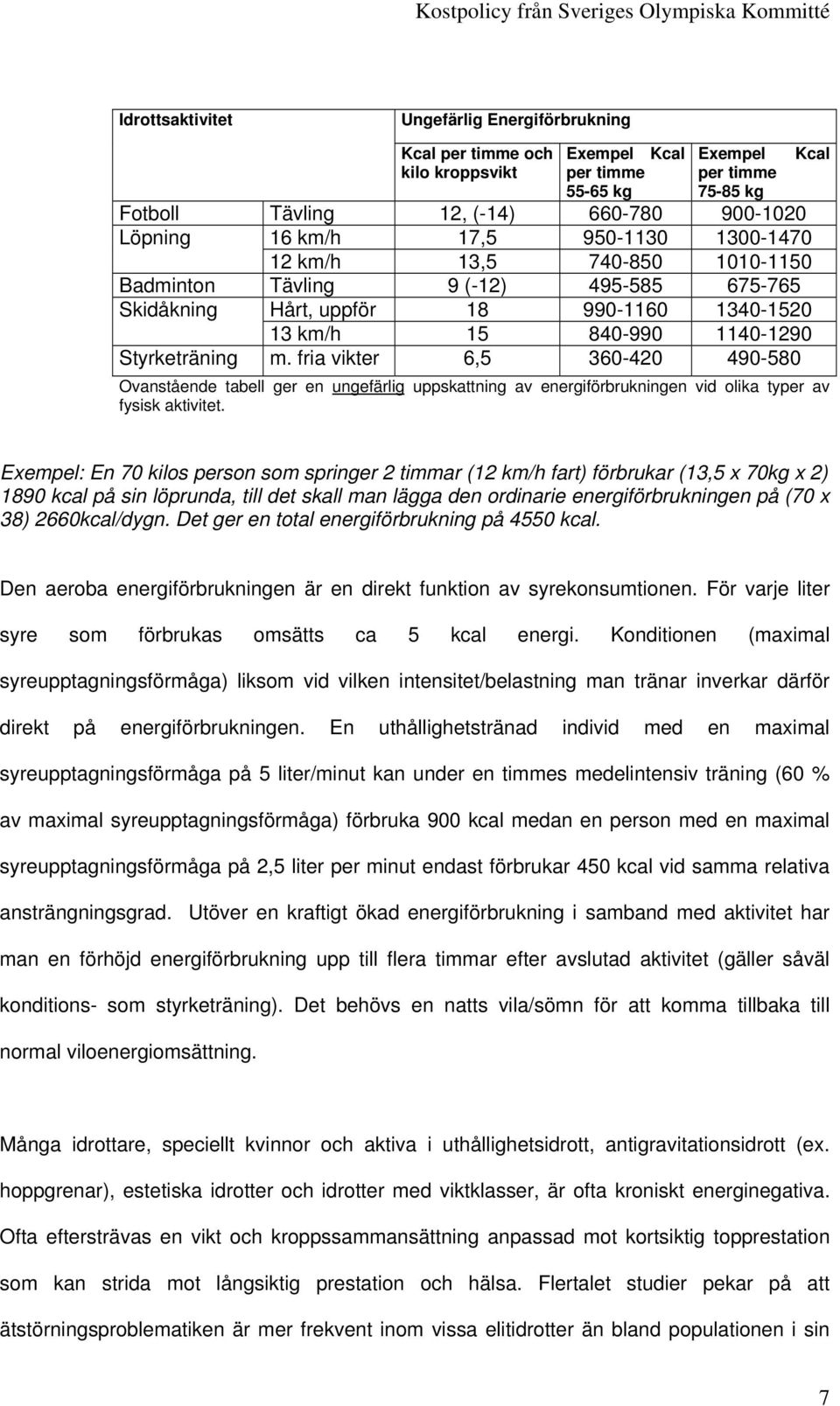 fria vikter 6,5 360-420 490-580 Ovanstående tabell ger en ungefärlig uppskattning av energiförbrukningen vid olika typer av fysisk aktivitet.