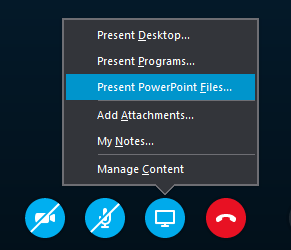 Om du vill dela en fil med mötesdeltagarna klickar du på Presentera sedan "Presentera PowerPoint-filer " i Skype för företag och välj När du har valt filen och klickat på