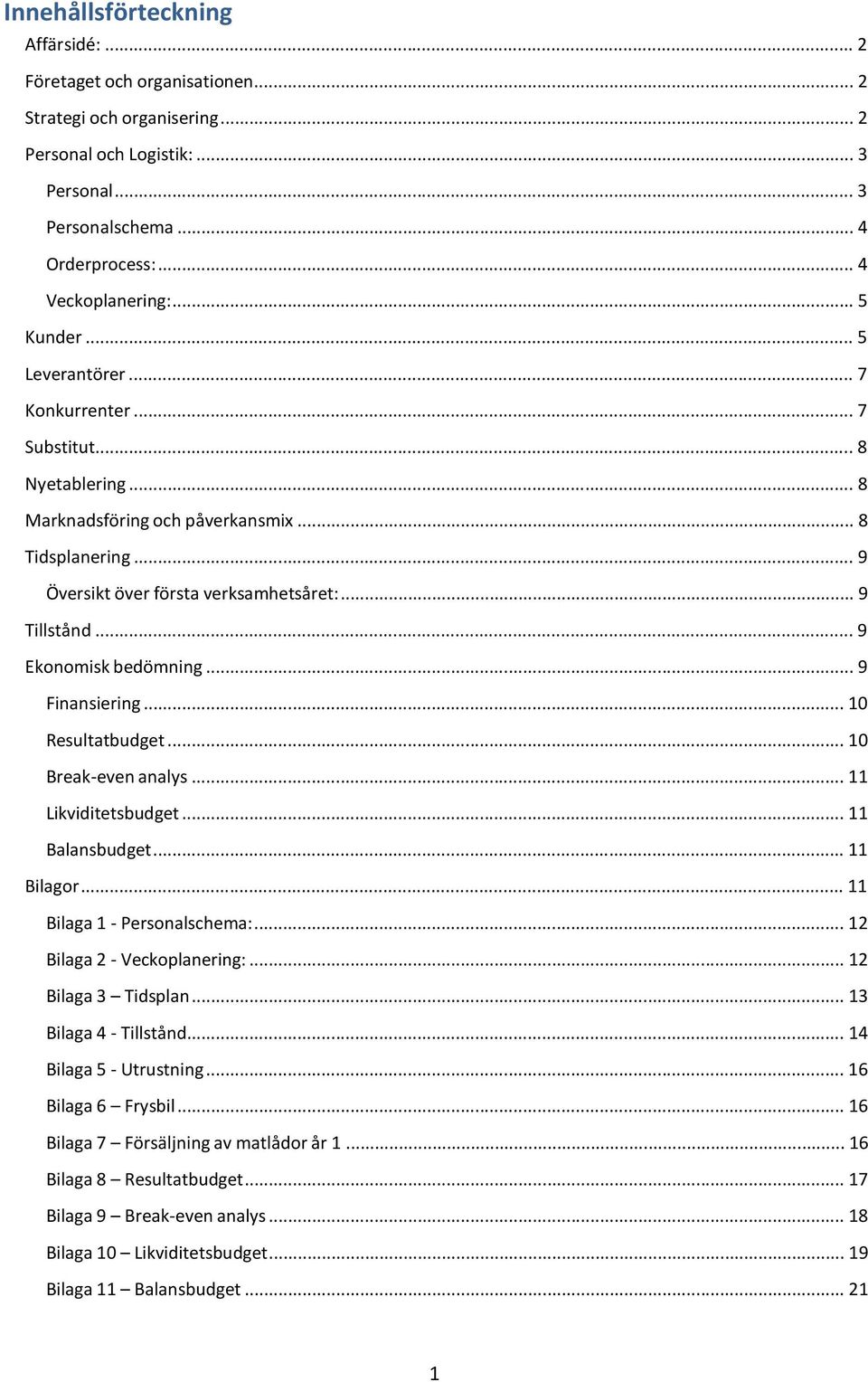 .. 9 Ekonomisk bedömning... 9 Finansiering... 10 Resultatbudget... 10 Break-even analys... 11 Likviditetsbudget... 11 Balansbudget... 11 Bilagor... 11 Bilaga 1 - Personalschema:.