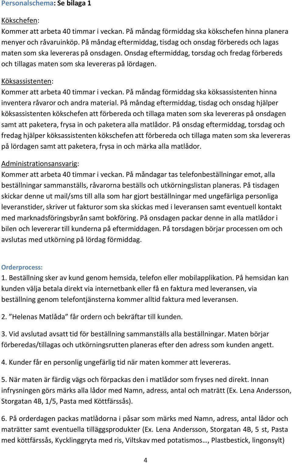 Köksassistenten: Kommer att arbeta 40 timmar i veckan. På måndag förmiddag ska köksassistenten hinna inventera råvaror och andra material.