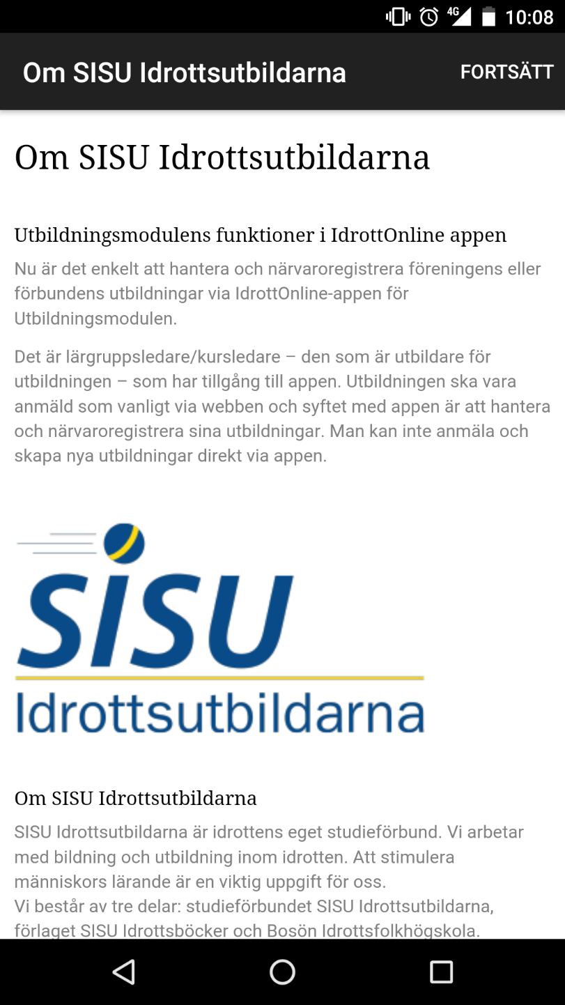 När du valt Utbildningsmodulen så kommer denna text fram som beskriver appens funktioner och studieförbundet SISU