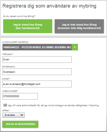 Registrera dig i Mybring För att registrera dig i Mybring behöver du ett giltigt kundnummer hos Bring. Gör enligt följande steg: 1. Gå in på via www.mybring.com 2. Klicka på Ny användare?