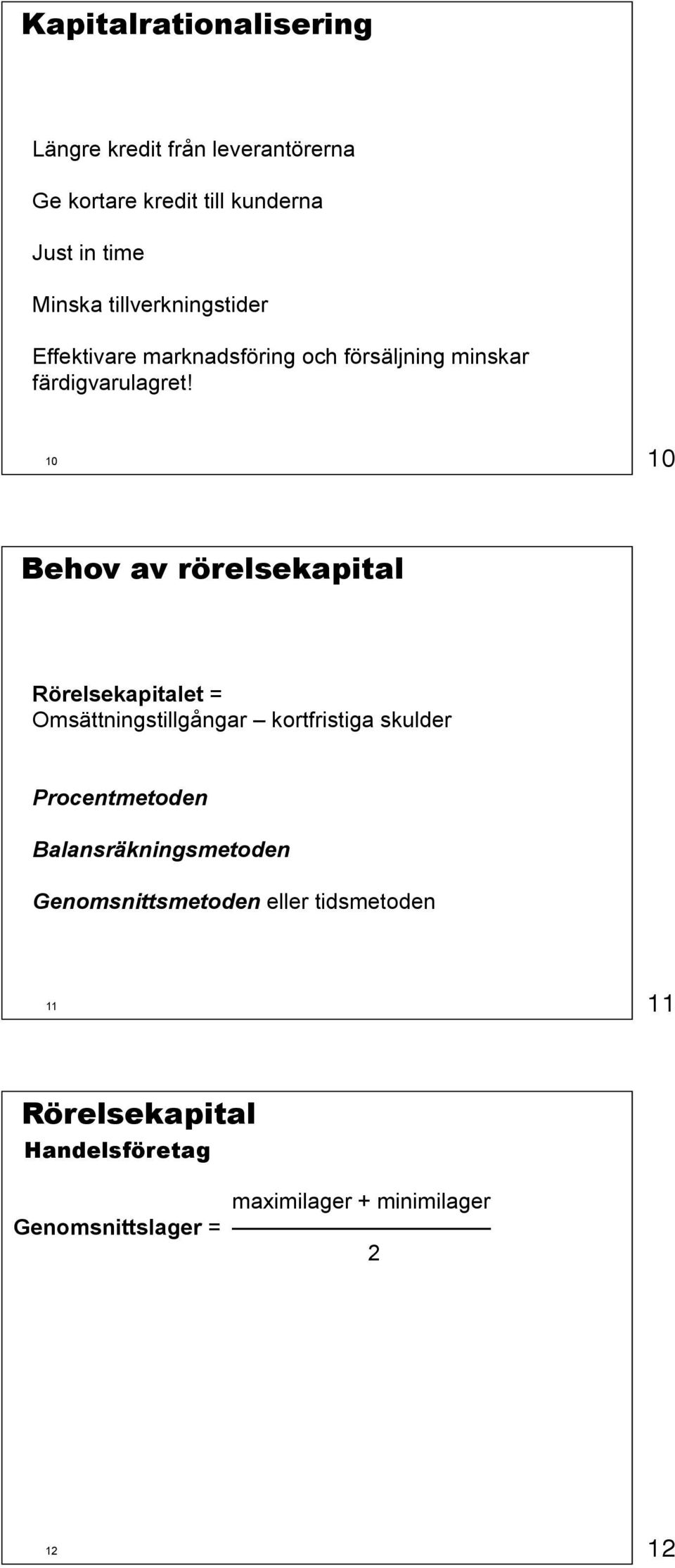 10 10 Behov av rörelsekapital Rörelsekapitalet = Omsättningstillgångar kortfristiga skulder Procentmetoden