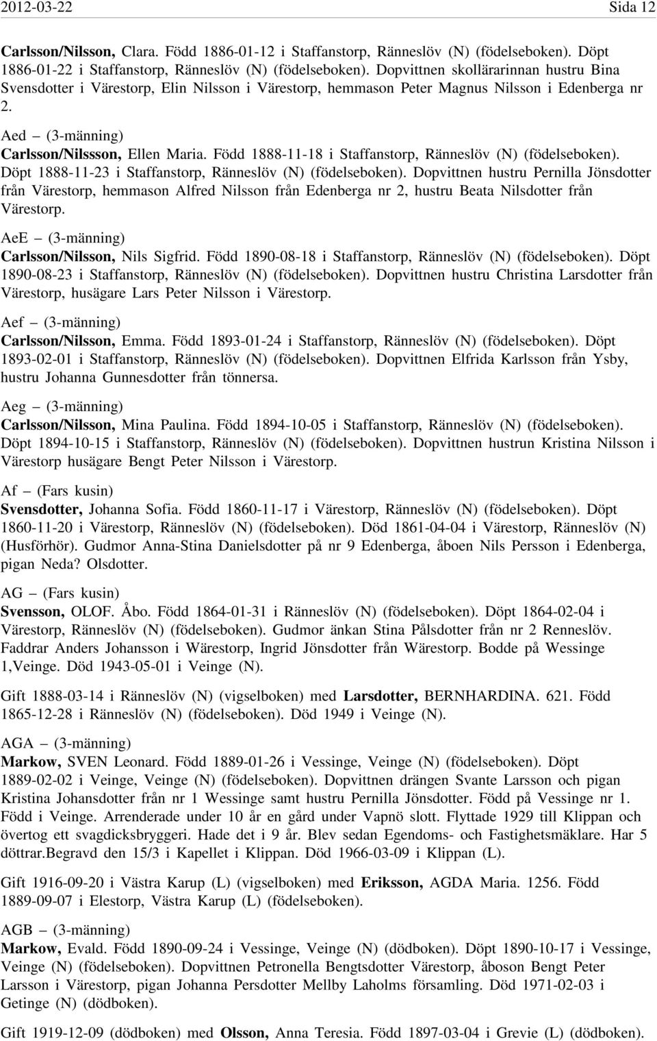 Född 1888-11-18 i Staffanstorp, Ränneslöv (N) (födelseboken). Döpt 1888-11-23 i Staffanstorp, Ränneslöv (N) (födelseboken).