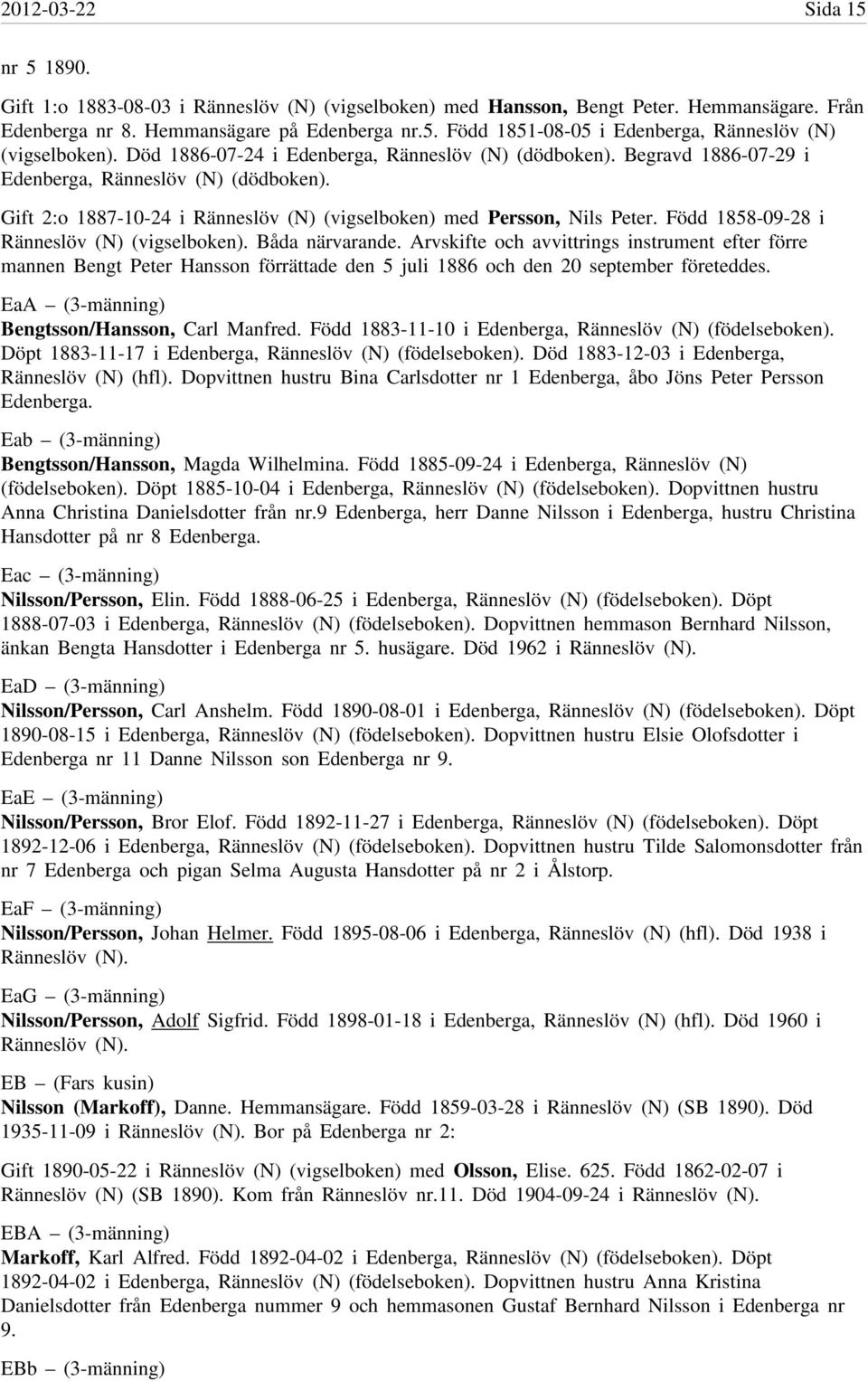 Född 1858-09-28 i Ränneslöv (N) (vigselboken). Båda närvarande. Arvskifte och avvittrings instrument efter förre mannen Bengt Peter Hansson förrättade den 5 juli 1886 och den 20 september företeddes.