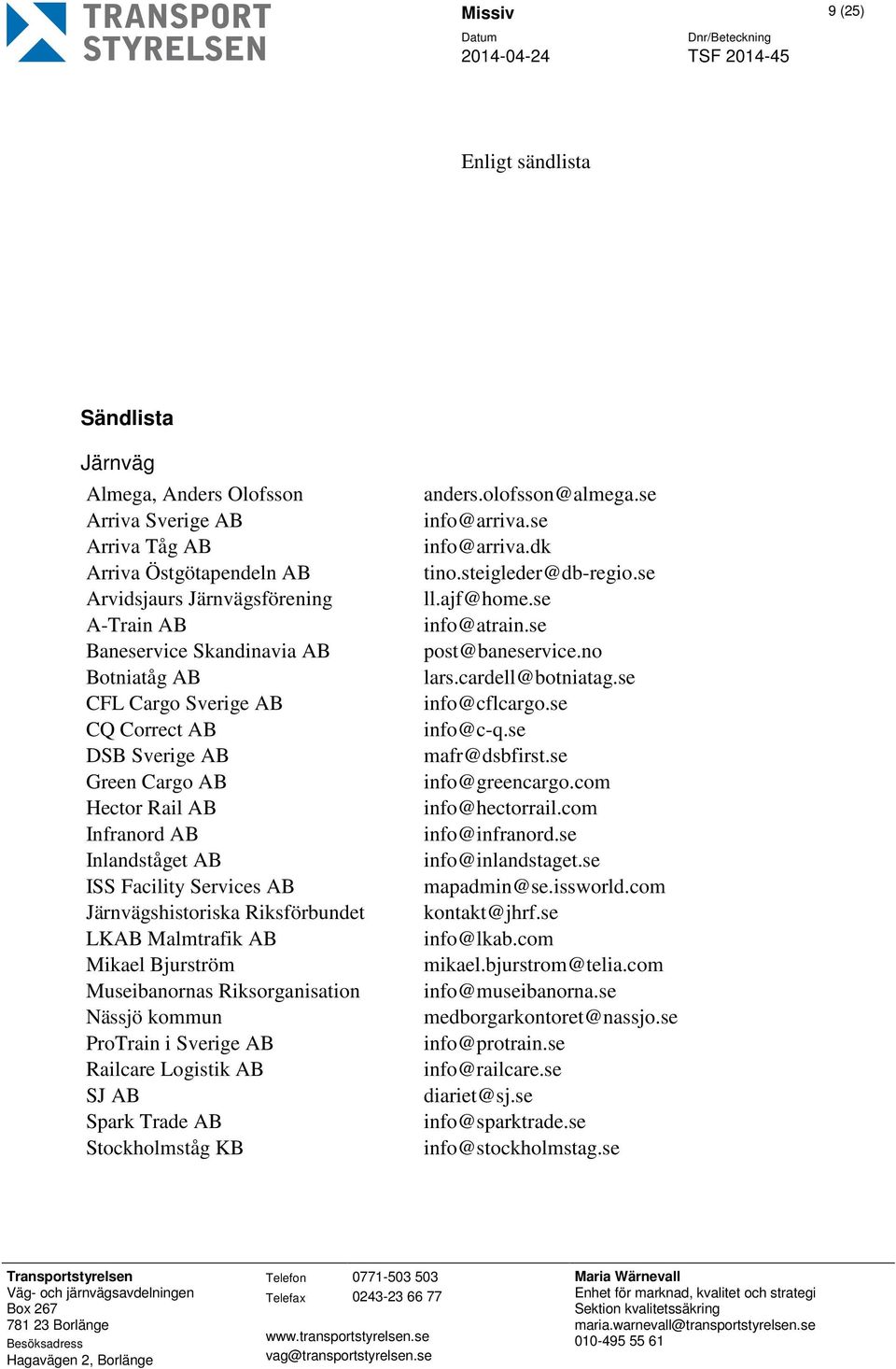 Riksförbundet LKAB Malmtrafik AB Mikael Bjurström Museibanornas Riksorganisation Nässjö kommun ProTrain i Sverige AB Railcare Logistik AB SJ AB Spark Trade AB Stockholmståg KB anders.olofsson@almega.