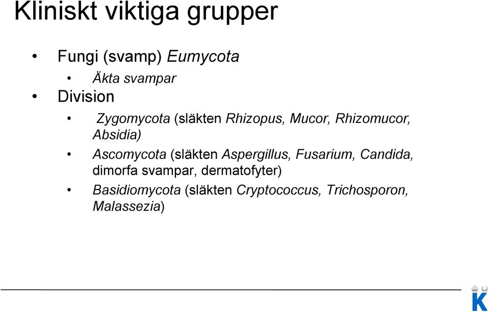 Ascomycota (släkten Aspergillus, Fusarium, Candida, dimorfa svampar,