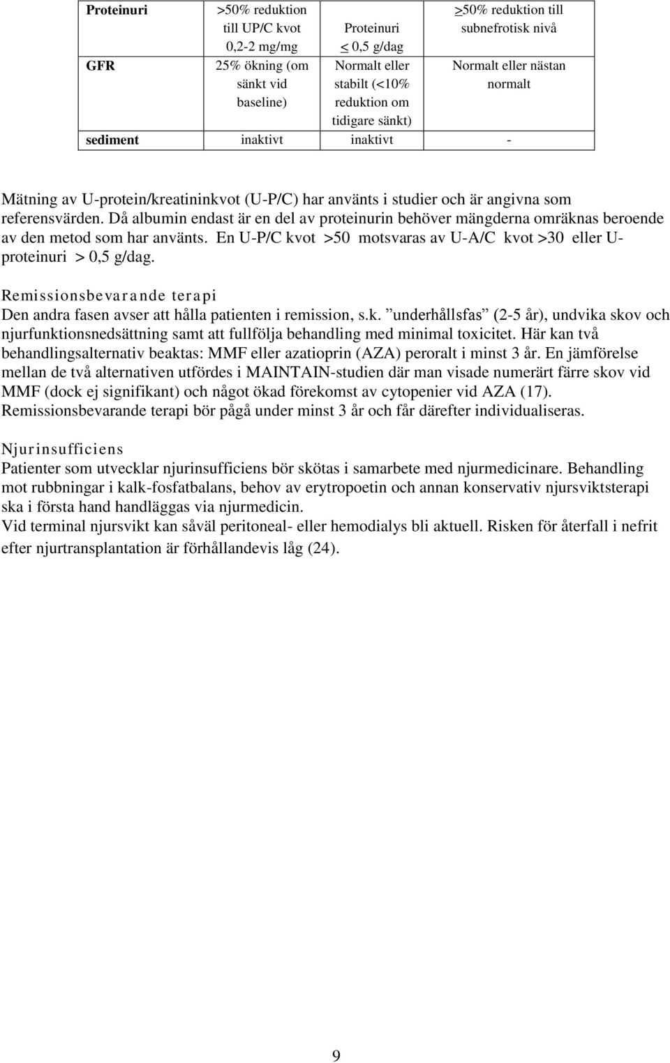 Då albumin endast är en del av proteinurin behöver mängderna omräknas beroende av den metod som har använts. En U-P/C kvot >50 motsvaras av U-A/C kvot >30 eller U- proteinuri > 0,5 g/dag.