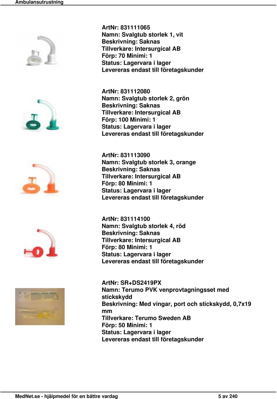 Förp: 80 Minimi: 1 ArtNr: 831114100 Namn: Svalgtub storlek 4, röd Tillverkare: Intersurgical AB Förp: 80 Minimi: 1 ArtNr: SR+DS2419PX Namn: Terumo
