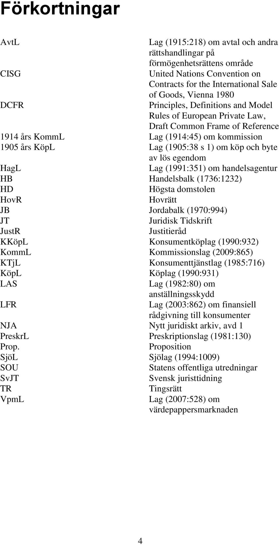 egendom HagL Lag (1991:351) om handelsagentur HB Handelsbalk (1736:1232) HD Högsta domstolen HovR Hovrätt JB Jordabalk (1970:994) JT Juridisk Tidskrift JustR Justitieråd KKöpL Konsumentköplag