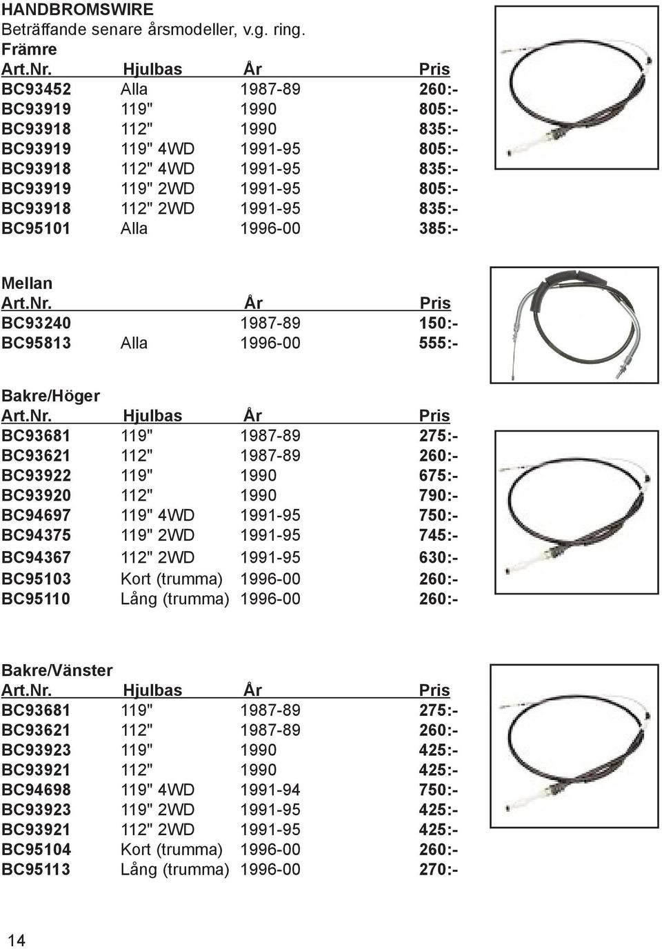 2WD 1991-95 835:- BC95101 Alla 1996-00 385:- Mellan BC93240 1987-89 150:- BC95813 Alla 1996-00 555:- Bakre/Höger Art.Nr.