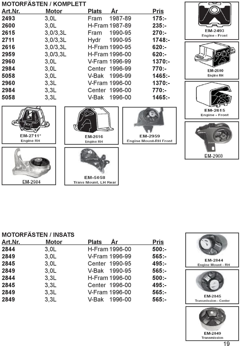 2959 3,0/3,3L H-Fram 1996-00 620:- 2960 3,0L V-Fram 1996-99 1370:- 2984 3,0L Center 1996-99 770:- 5058 3,0L V-Bak 1996-99 1465:- 2960 3,3L V-Fram 1996-00 1370:- 2984 3,3L Center