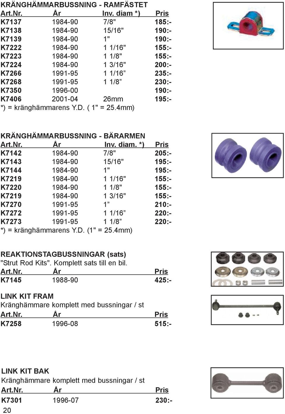 K7268 1991-95 1 1/8 230:- K7350 1996-00 190:- K7406 2001-04 26mm 195:- *) = kränghämmarens Y.D. ( 1" = 25.4mm) KRÄNGHÄMMARBUSSNING - BÄRARMEN Art.Nr. År Inv. diam.