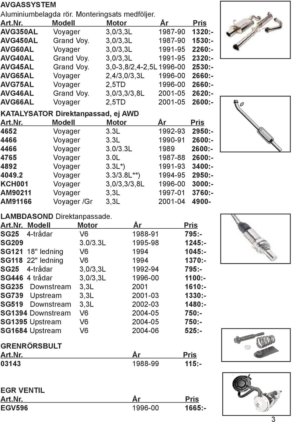 3,0-3,8/2,4-2,5L 1996-00 2530:- AVG65AL Voyager 2,4/3,0/3,3L 1996-00 2660:- AVG75AL Voyager 2,5TD 1996-00 2660:- AVG46AL Grand Voy.