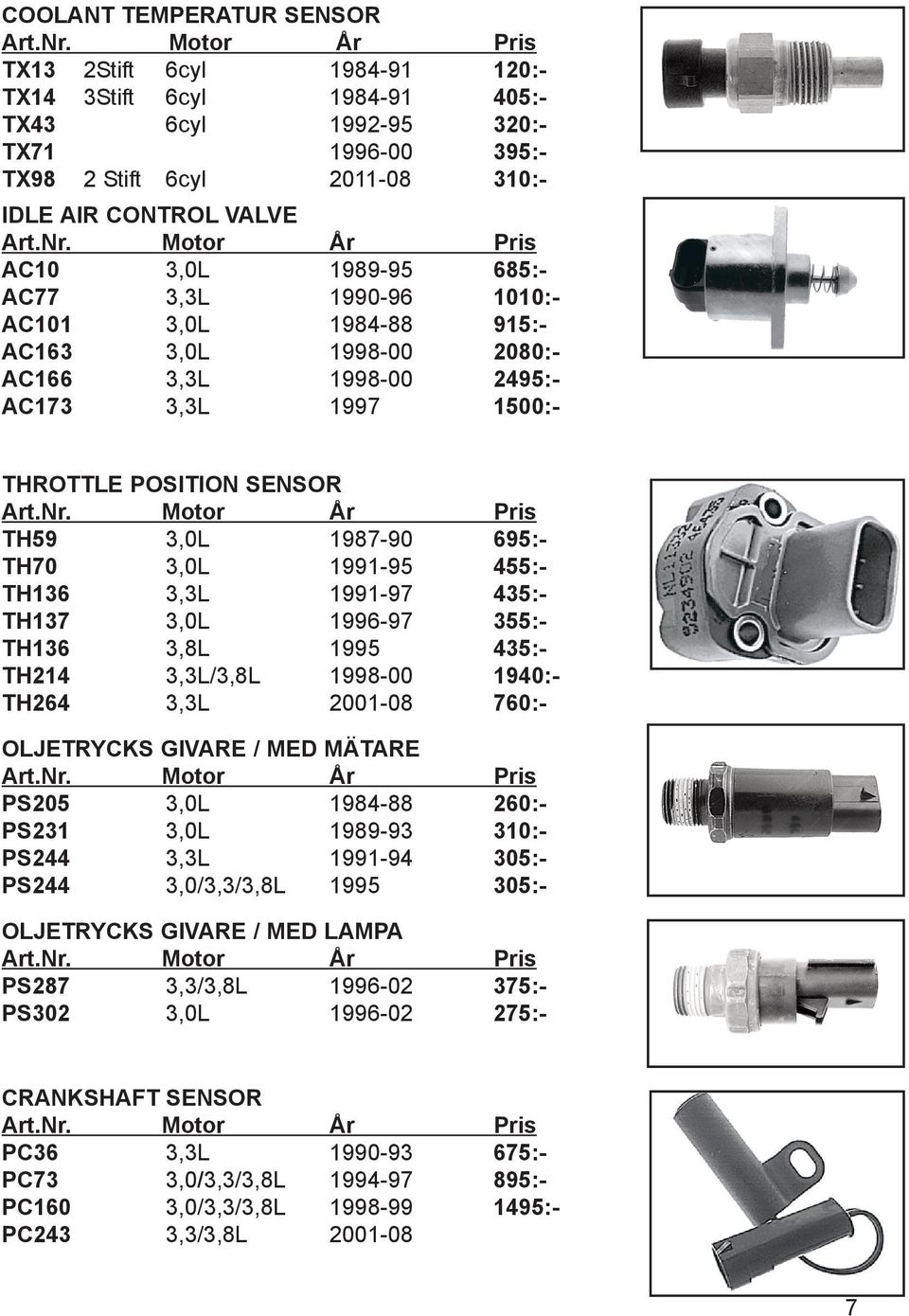 1991-95 455:- TH136 3,3L 1991-97 435:- TH137 3,0L 1996-97 355:- TH136 3,8L 1995 435:- TH214 3,3L/3,8L 1998-00 1940:- TH264 3,3L 2001-08 760:- OLJETRYCKS GIVARE / MED MÄTARE PS205 3,0L 1984-88 260:-