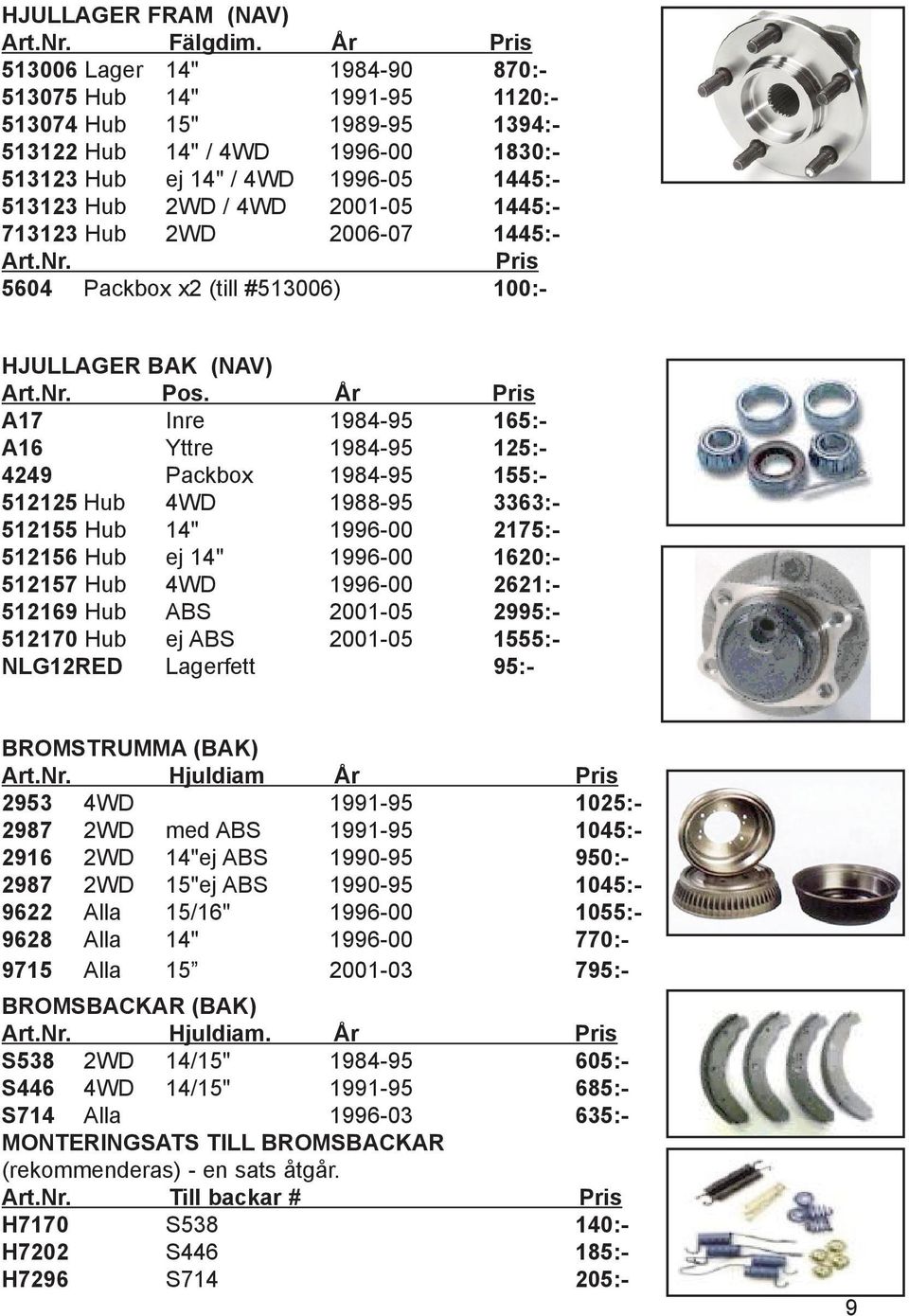 2001-05 1445:- 713123 Hub 2WD 2006-07 1445:- Art.Nr. Pris 5604 Packbox x2 (till #513006) 100:- HJULLAGER BAK (NAV) Art.Nr. Pos.