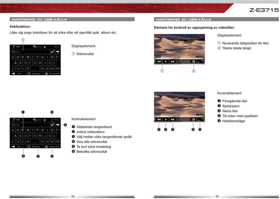 tidsposition för titel Titelns totala längd Kontrollelement Kontrollelement Alfabetiskt tangentbord Avbryt sökfunktion Välj mellan olika