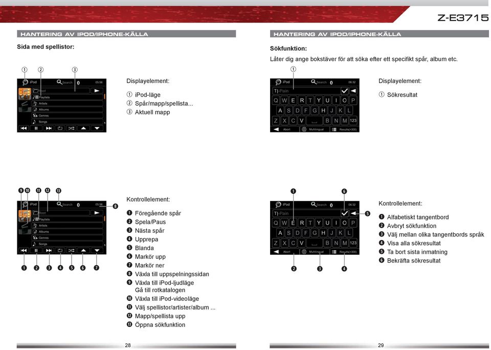 Displayelement: Sökresultat Föregående spår Spela/Paus Nästa spår Upprepa Blanda Markör upp Markör ner Växla till uppspelningssidan Växla till ipod-ljudläge Gå till