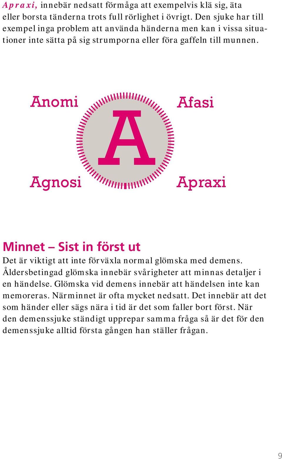 Anomi Agnosi A Afasi Apraxi Minnet Sist in först ut Det är viktigt att inte förväxla normal glömska med demens. Åldersbetingad glömska innebär svårigheter att minnas detaljer i en händelse.