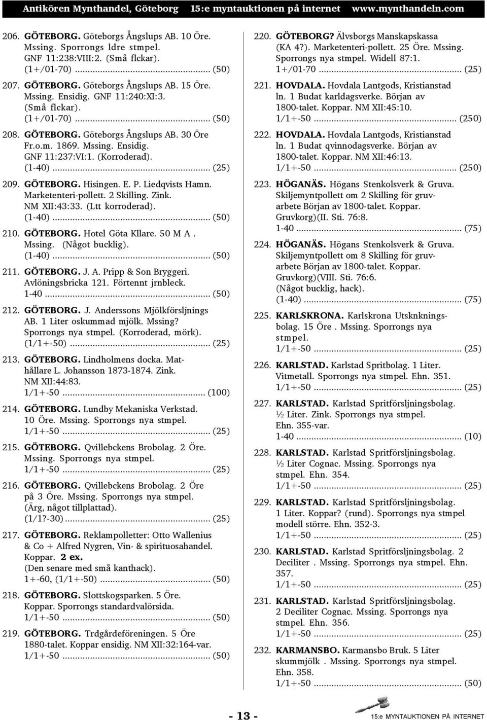 Liedqvists Hamn. Marketenteri-pollett. 2 Skilling. Zink. NM XII:43:33. (Ltt korroderad). (1-40)... (50) 210. GÖTEBORG. Hotel Göta Kllare. 50 M A. Mssing. (Något bucklig). (1-40)... (50) 211. GÖTEBORG. J.