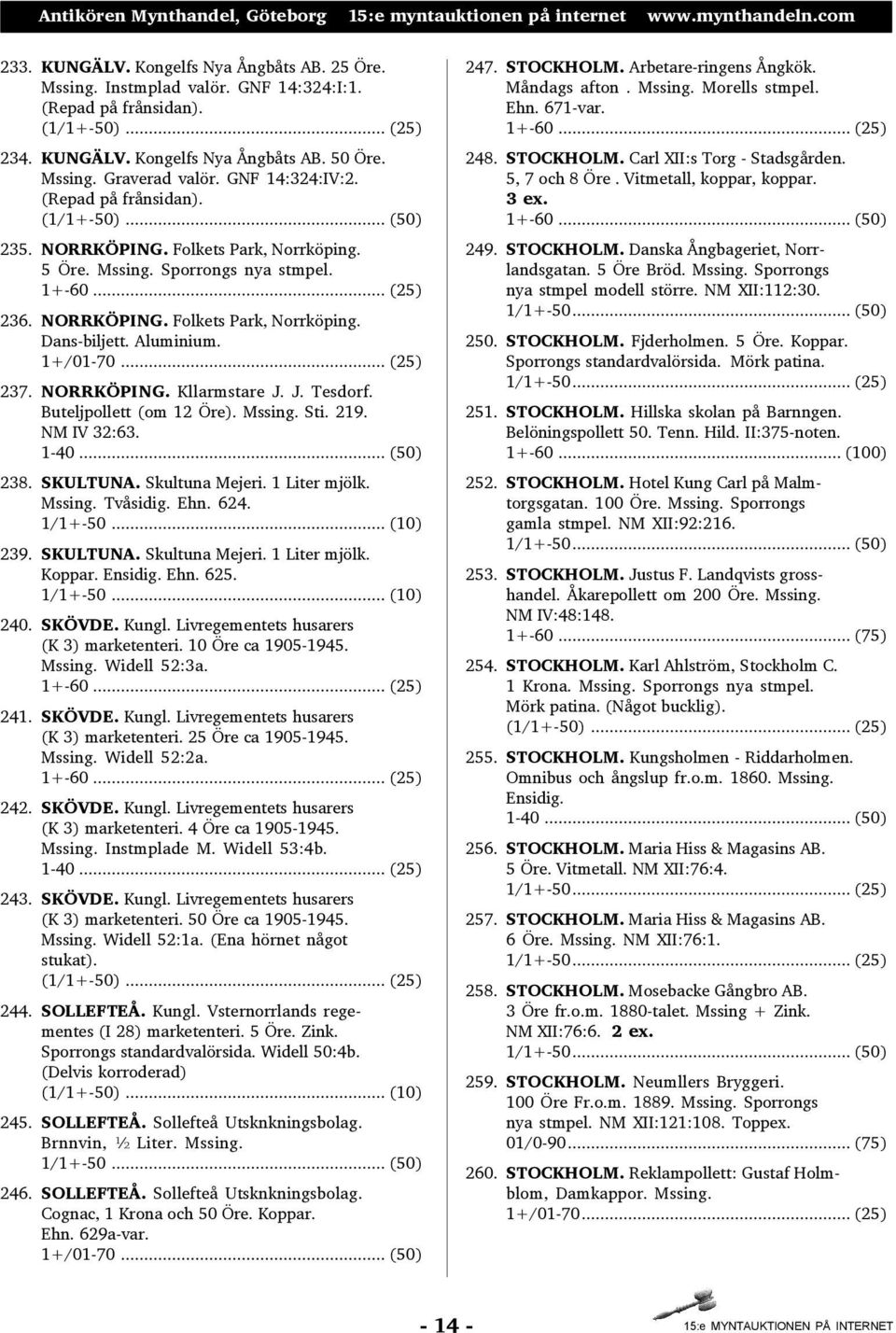 Aluminium. 1+/01-70... (25) 237. NORRKÖPING. Kllarmstare J. J. Tesdorf. Buteljpollett (om 12 Öre). Mssing. Sti. 219. NM IV 32:63. 1-40... (50) 238. SKULTUNA. Skultuna Mejeri. 1 Liter mjölk. Mssing. Tvåsidig.