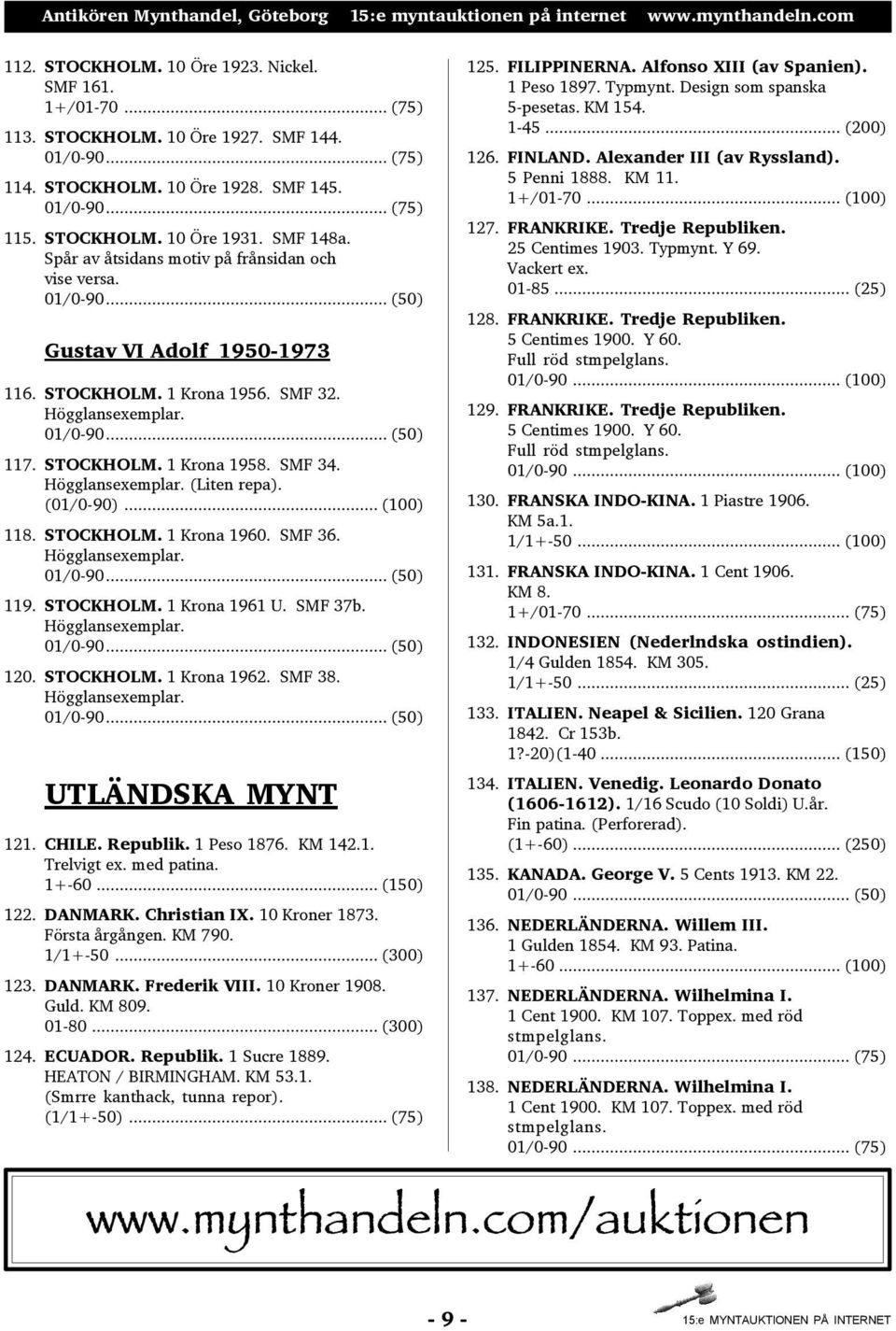 SMF 34. Högglansexemplar. (Liten repa). (01/0-90)... (100) 118. STOCKHOLM. 1 Krona 1960. SMF 36. Högglansexemplar. 01/0-90... (50) 119. STOCKHOLM. 1 Krona 1961 U. SMF 37b. Högglansexemplar. 01/0-90... (50) 120.