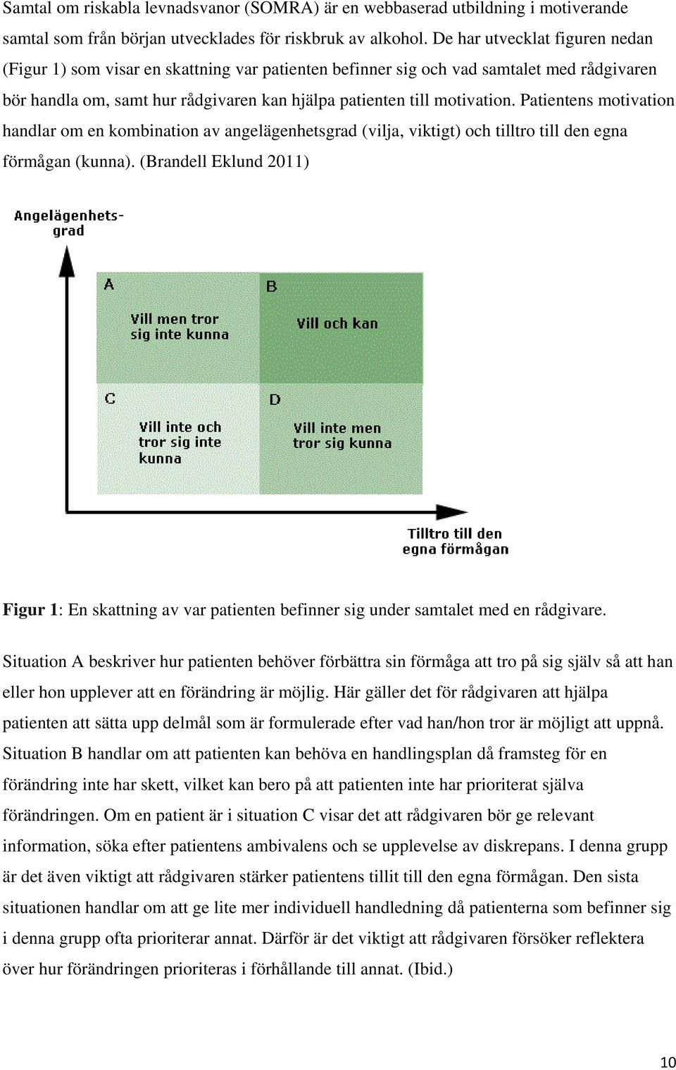 Patientens motivation handlar om en kombination av angelägenhetsgrad (vilja, viktigt) och tilltro till den egna förmågan (kunna).